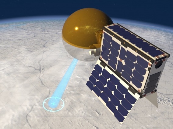 Artist&#039;s impression of CatSat with its antenna inflated in orbit around Earth