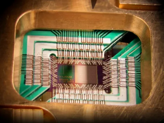 Close-up photo of a quantum computing processor chip