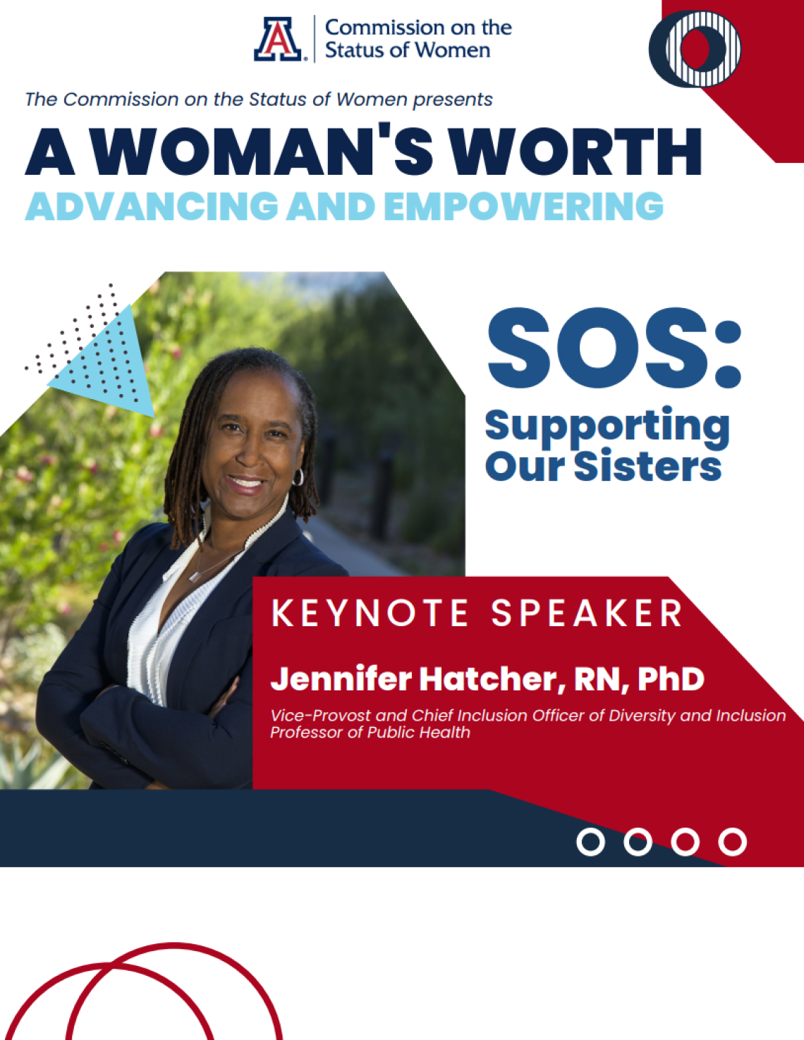 White flyer with red, navy blue and light blue shapes with a picture of a Black woman with dark brown shoulder locs standing with her arms folded. The flyer states: The Commission on the stateus of women presents A womend's worth, Advancing and Empowering. SOS: Supporting our Sisters. Keynote Speaker Jennifer Hatcher, RN, PhD Vice-Provost and Chief Inclusion Office of Diversity and Inclusion Professor of Public Health